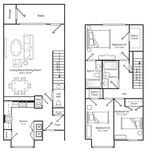 Floor plan for 3 beds, 2.5 baths, 1450 sqft